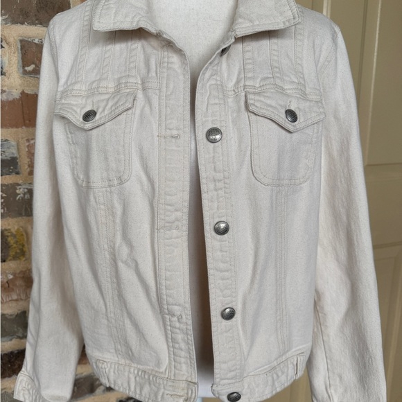 Skyes the Limit Off White Cropped Denim Jacket Stretch Silver Button LRG - Picture 11 of 11